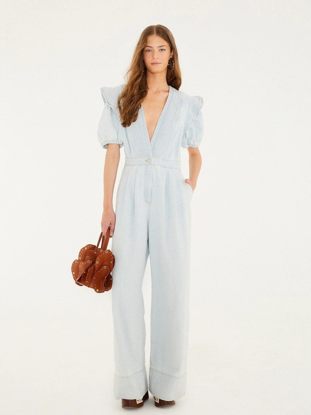 Farm Rio V-Neck Denim Wide-Leg Jumpsuit with Puff Sleeves